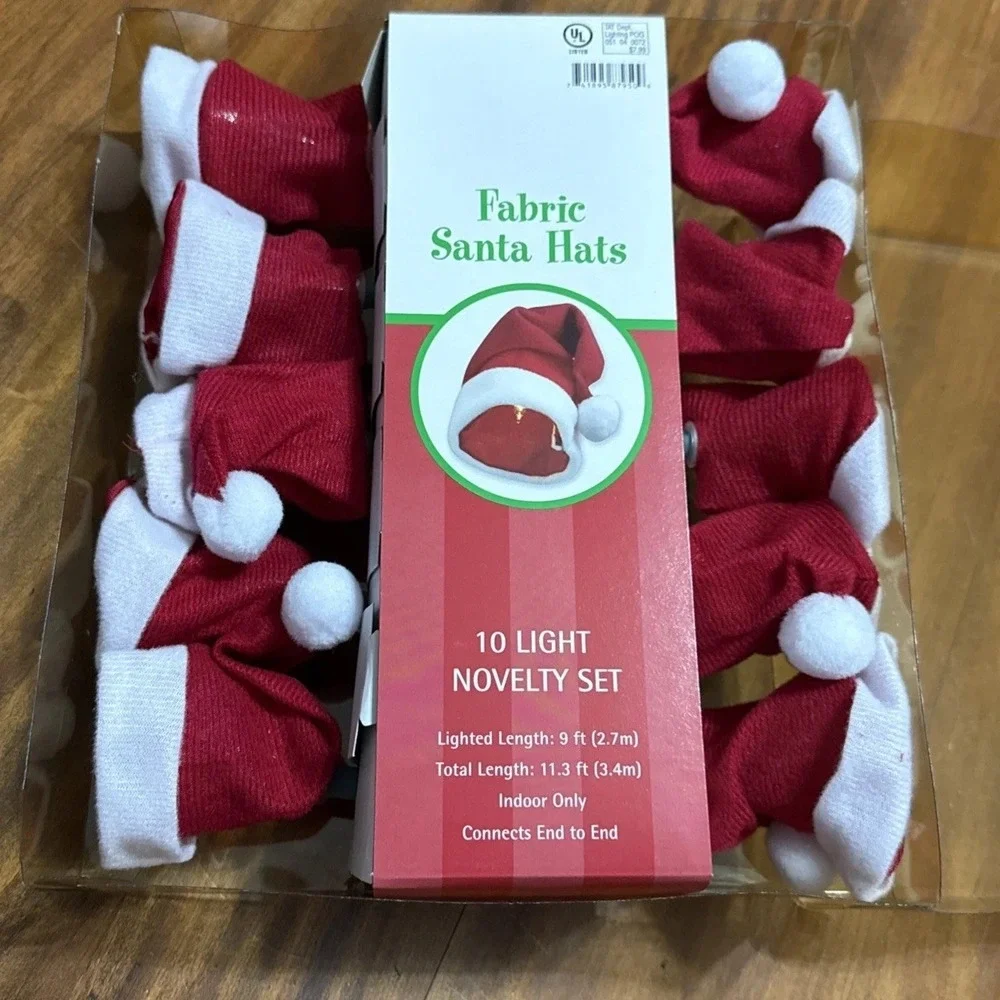 Vintage 10 RED FABRIC SANTA HAT STRING LIGHTS  NEW